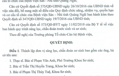 Quyết định số 139/QĐ-BVSN v/v thành lập đơn vị sàng lọc, chẩn đoán sơ sinh.